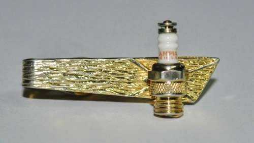 Vintage Gold Tone Tie Clip with Spark Plug Marked Champion Made in the USA