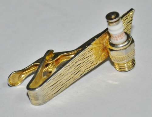 Vintage Gold Tone Tie Clip with Spark Plug Marked Champion Made in the USA