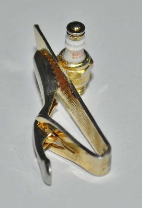 Vintage Gold Tone Tie Clip with Spark Plug Marked Champion Made in the USA