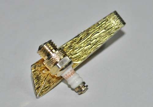 Vintage Gold Tone Tie Clip with Spark Plug Marked Champion Made in the USA