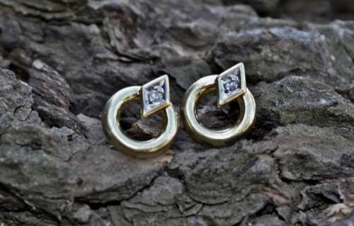 Vintage 9ct Yellow Gold Circle and Diamond Stud Earrings