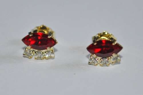 Vintage Gold Tone, Ruby Red and Clear Rhinestone Stud Earrings
