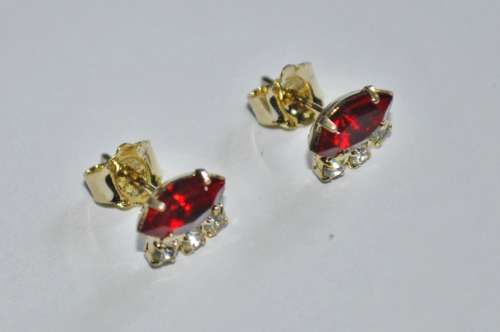 Vintage Gold Tone, Ruby Red and Clear Rhinestone Stud Earrings