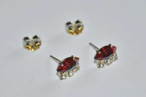 Vintage Gold Tone, Ruby Red and Clear Rhinestone Stud Earrings