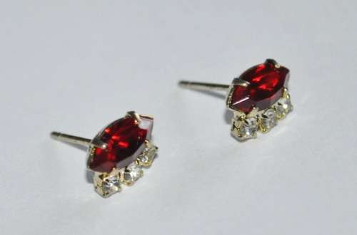 Vintage Gold Tone, Ruby Red and Clear Rhinestone Stud Earrings