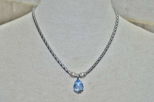 Vintage Antique Silver Tone Chain Necklace with Prong Set Faceted Blue Teardrop Crystal Pendant