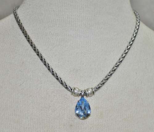 Vintage Antique Silver Tone Chain Necklace with Prong Set Faceted Blue Teardrop Crystal Pendant