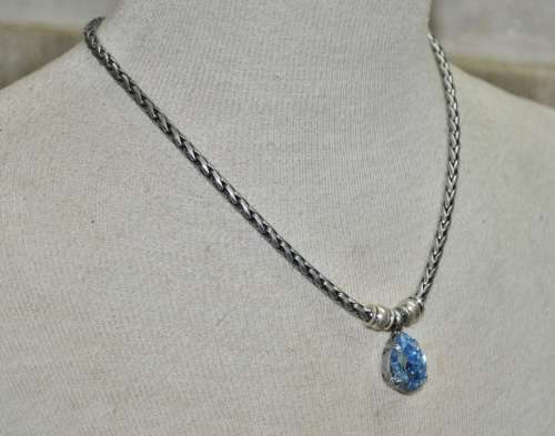 Vintage Antique Silver Tone Chain Necklace with Prong Set Faceted Blue Teardrop Crystal Pendant
