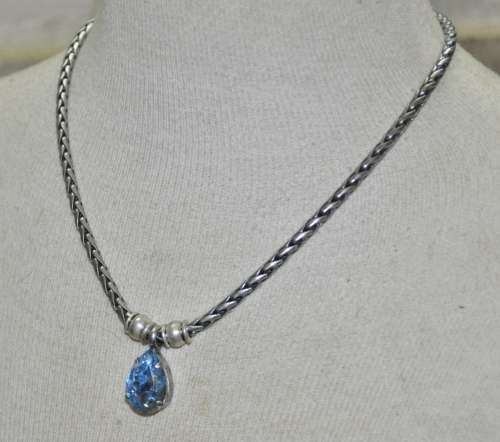 Vintage Antique Silver Tone Chain Necklace with Prong Set Faceted Blue Teardrop Crystal Pendant