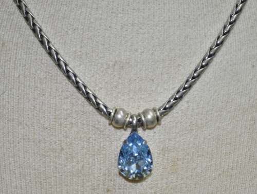 Vintage Antique Silver Tone Chain Necklace with Prong Set Faceted Blue Teardrop Crystal Pendant