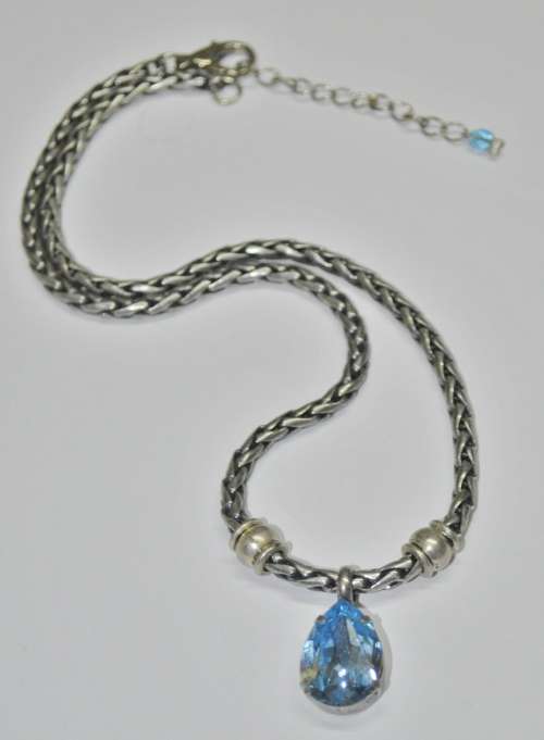 Vintage Antique Silver Tone Chain Necklace with Prong Set Faceted Blue Teardrop Crystal Pendant