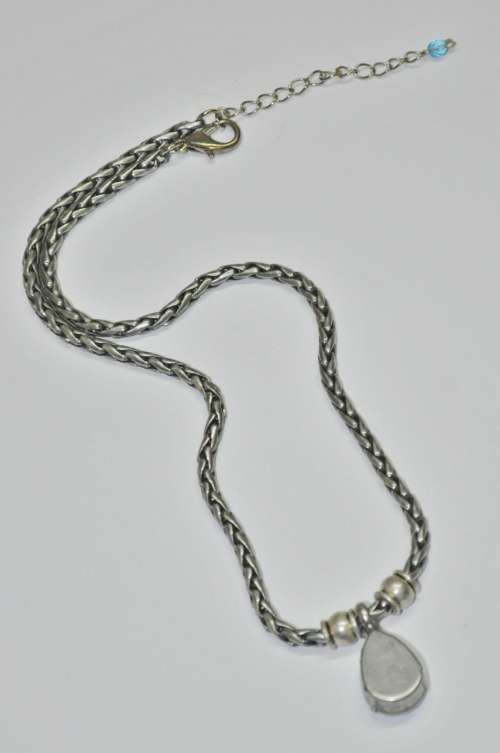 Vintage Antique Silver Tone Chain Necklace with Prong Set Faceted Blue Teardrop Crystal Pendant