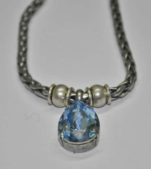 Vintage Antique Silver Tone Chain Necklace with Prong Set Faceted Blue Teardrop Crystal Pendant