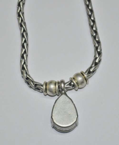 Vintage Antique Silver Tone Chain Necklace with Prong Set Faceted Blue Teardrop Crystal Pendant