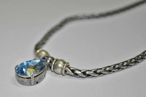 Vintage Antique Silver Tone Chain Necklace with Prong Set Faceted Blue Teardrop Crystal Pendant