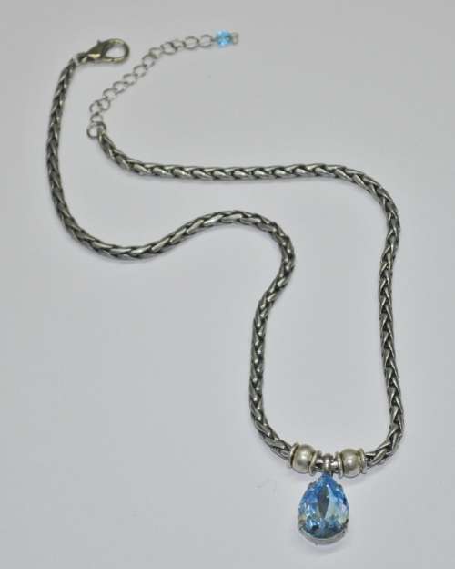 Vintage Antique Silver Tone Chain Necklace with Prong Set Faceted Blue Teardrop Crystal Pendant