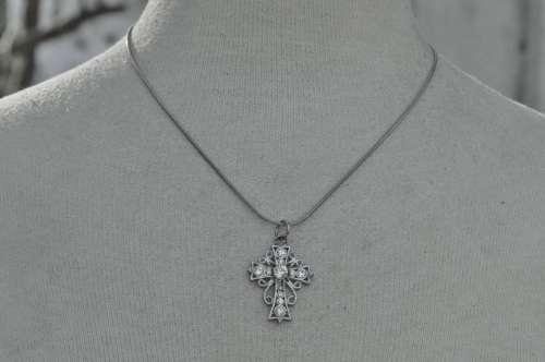 Vintage Silver Tone Chain and Cross Pendant with Clear Rhinestone