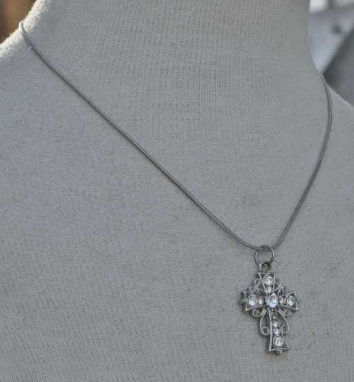 Vintage Silver Tone Chain and Cross Pendant with Clear Rhinestone