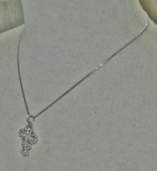 Vintage Silver Tone Chain and Cross Pendant with Clear Rhinestone