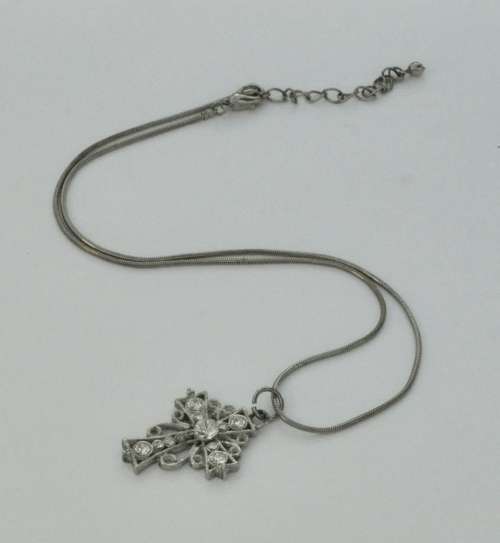 Vintage Silver Tone Chain and Cross Pendant with Clear Rhinestone