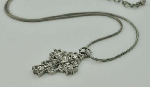 Vintage Silver Tone Chain and Cross Pendant with Clear Rhinestone