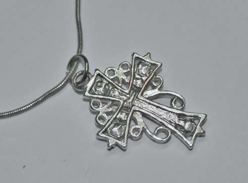 Vintage Silver Tone Chain and Cross Pendant with Clear Rhinestone