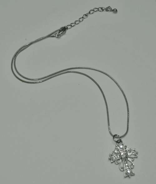 Vintage Silver Tone Chain and Cross Pendant with Clear Rhinestone
