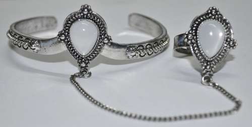 Vintage Silver Tone Bracelet and Ring Combo with White Stone