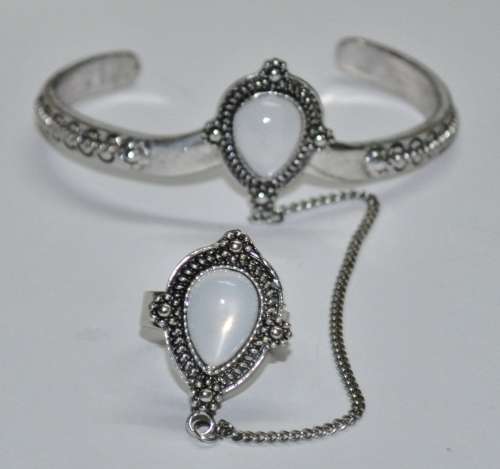 Vintage Silver Tone Bracelet and Ring Combo with White Stone