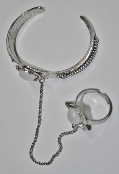 Vintage Silver Tone Bracelet and Ring Combo with White Stone