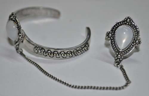 Vintage Silver Tone Bracelet and Ring Combo with White Stone