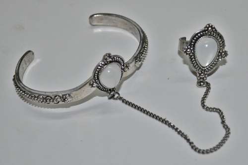 Vintage Silver Tone Bracelet and Ring Combo with White Stone