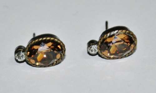 Vintage Antique Brass Tone Stud Earrings with Clear and Faceted Topaz Coloured Crystal