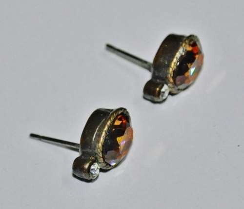 Vintage Antique Brass Tone Stud Earrings with Clear and Faceted Topaz Coloured Crystal