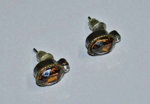 Vintage Antique Brass Tone Stud Earrings with Clear and Faceted Topaz Coloured Crystal