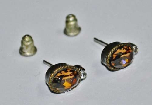 Vintage Antique Brass Tone Stud Earrings with Clear and Faceted Topaz Coloured Crystal