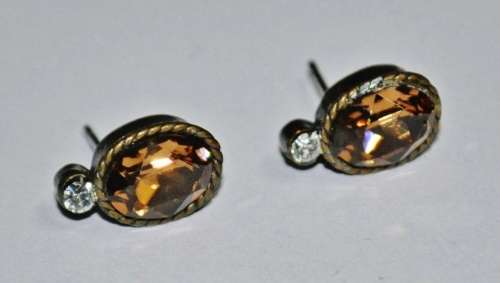 Vintage Antique Brass Tone Stud Earrings with Clear and Faceted Topaz Coloured Crystal