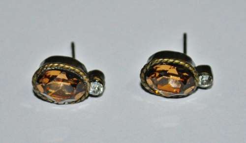 Vintage Antique Brass Tone Stud Earrings with Clear and Faceted Topaz Coloured Crystal