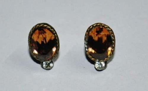 Vintage Antique Brass Tone Stud Earrings with Clear and Faceted Topaz Coloured Crystal