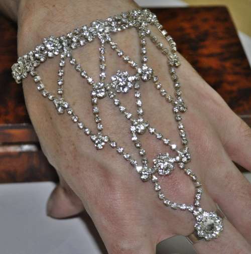 Vintage Silver Tone and Clear Rhinestone Hand Harness Bracelet and Ring Combo