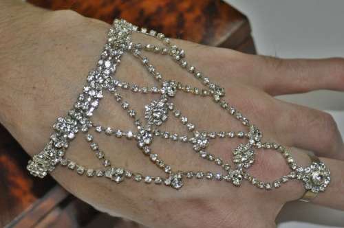 Vintage Silver Tone and Clear Rhinestone Hand Harness Bracelet and Ring Combo