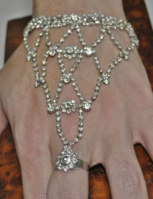 Vintage Silver Tone and Clear Rhinestone Hand Harness Bracelet and Ring Combo