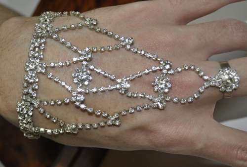 Vintage Silver Tone and Clear Rhinestone Hand Harness Bracelet and Ring Combo