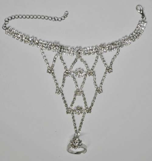 Vintage Silver Tone and Clear Rhinestone Hand Harness Bracelet and Ring Combo