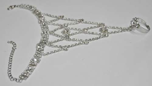 Vintage Silver Tone and Clear Rhinestone Hand Harness Bracelet and Ring Combo