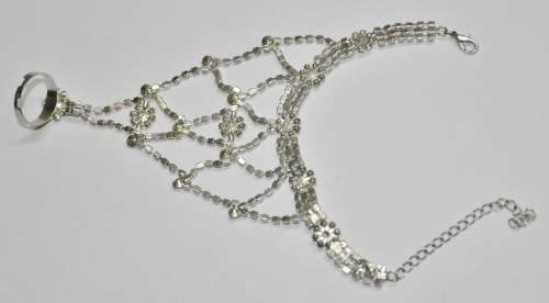 Vintage Silver Tone and Clear Rhinestone Hand Harness Bracelet and Ring Combo