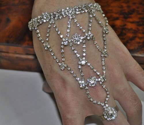 Vintage Silver Tone and Clear Rhinestone Hand Harness Bracelet and Ring Combo