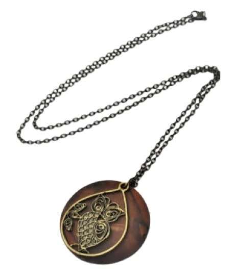 Vintage Gilt Filigree Owl over Round Wooden Disk Pendant on Antique Brass Tone Chain