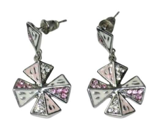 Vintage Silver Tone Maltese Cross Earrings with Light Pink and White Crystal and Enamel