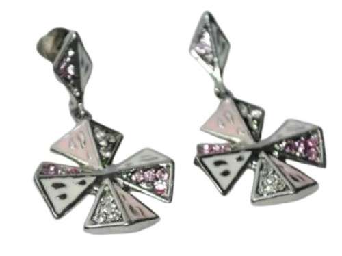 Vintage Silver Tone Maltese Cross Earrings with Light Pink and White Crystal and Enamel